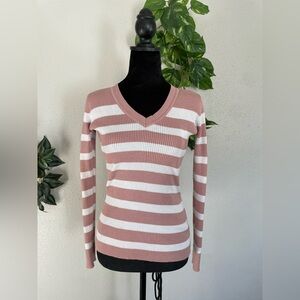 Luvlink- Link V-Neck Sweater - Pink and White Stripes Size M. Elegant and warm